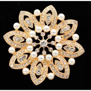 Monet Signed Flower Brooch Faux Pave Pearl & Crystals Vintage Stunner 2.65" EUC!